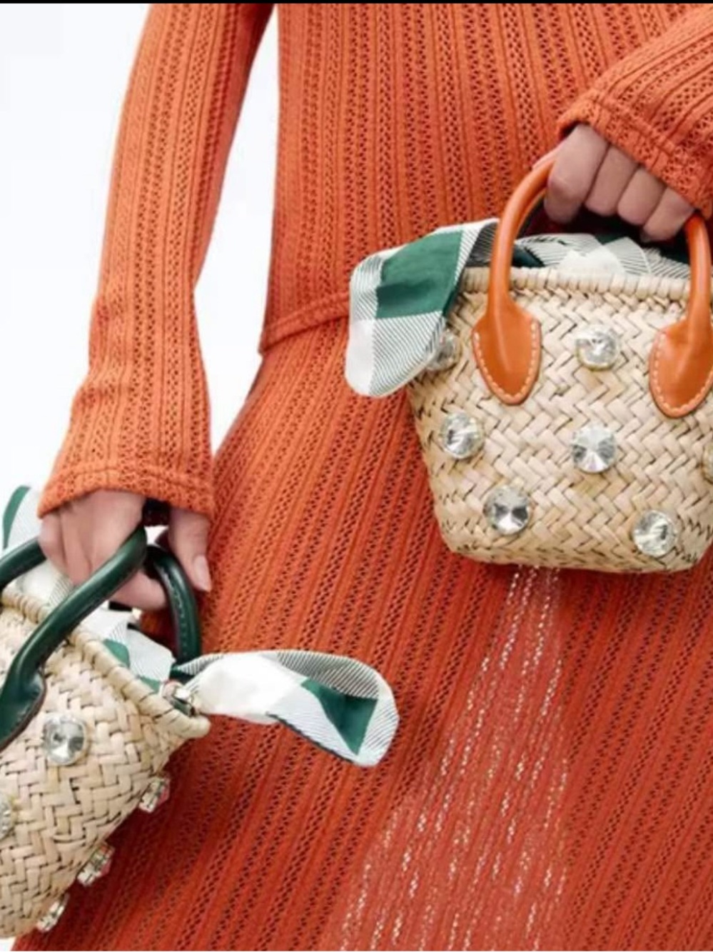 Zara Straw Mini Crossbody with Orange Handles & Green Scarf
